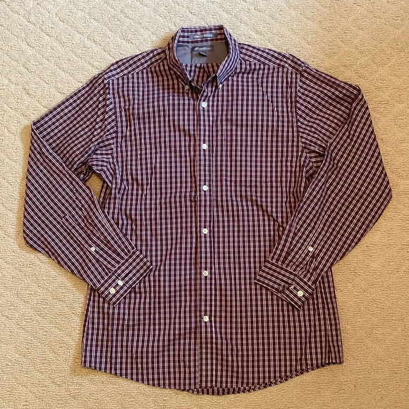 Eddie Bauer men’s size medium cotton button down shirt purple white plaid - Picture 1 of 7